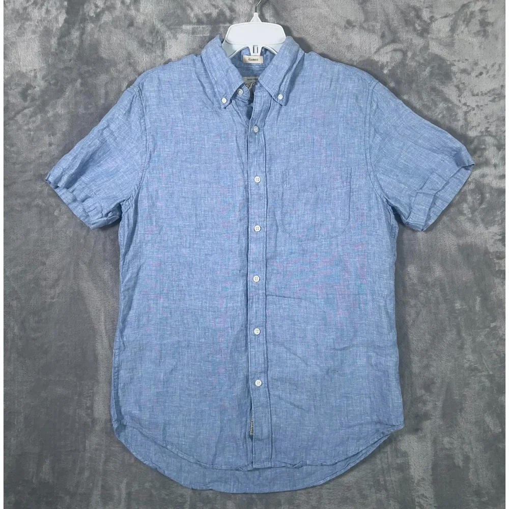 J Crew Baird McNutt 100% Linen Shirt Mens Small Button Down Blue Short Sleeve